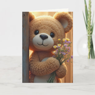 Tarjeta Cumpleaños Teddy Bear Con Bouquet De Flor Silvestr