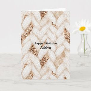 Tarjeta Cumpleaños Tela Falsa Tejida Blanca con Brillo Dor