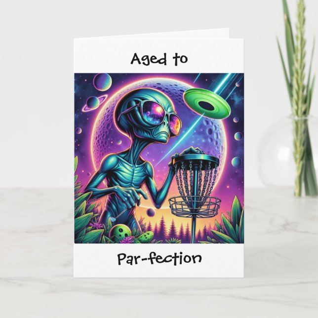 Tarjeta Cumpleaños temática de Golf Extraterrestre y Disco (Anverso)