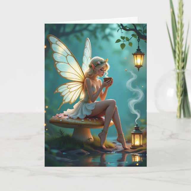 Tarjeta Cumpleaños temática de hadas y café para ella (Anverso)