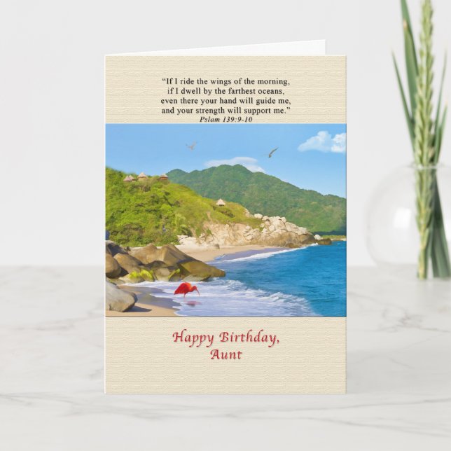 Tarjeta Cumpleaños, tía, playa, colinas, pájaros, océano (Anverso)