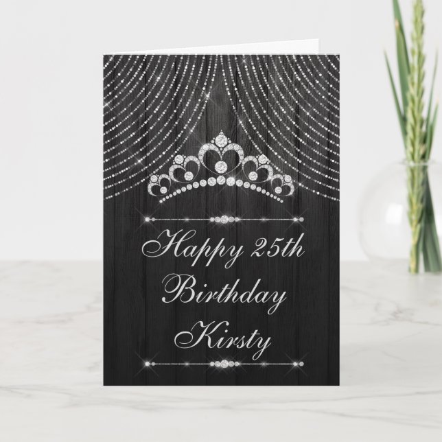 Tarjeta Cumpleaños Tiara Diamante Negro Plata (Anverso)