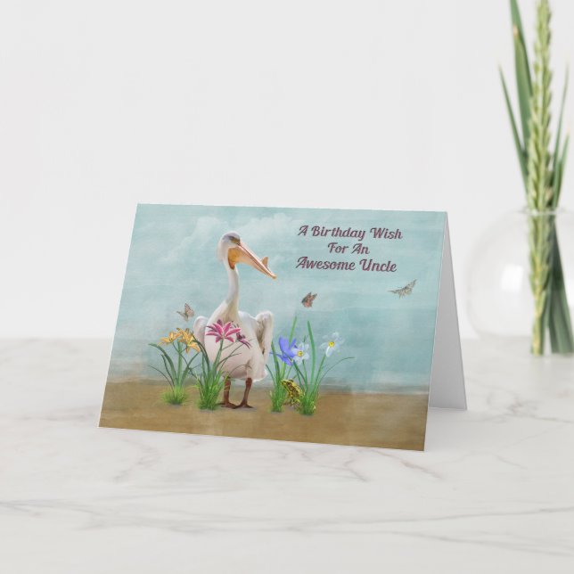 Tarjeta Cumpleaños, tío, pelícano, flores y mariposas (Anverso)