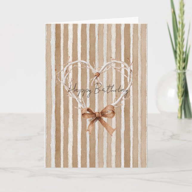 Tarjeta Cumpleaños Tiras Marrones Corazón Rama Blanco Rúst (Anverso)