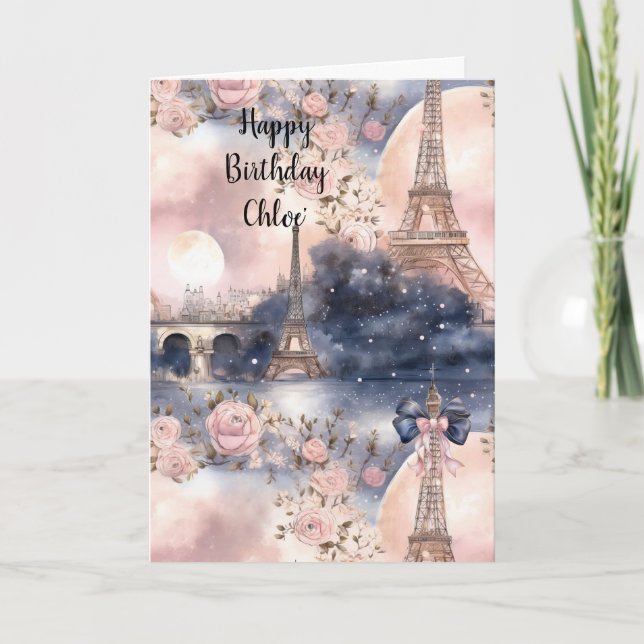 Tarjeta Cumpleaños Torre Eiffel París Rosa Azul Francés Ch (Anverso)