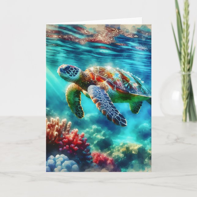 Tarjeta Cumpleaños | Tortuga marina nadando (Anverso)