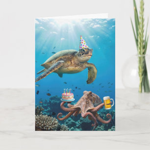Tarjeta Cumpleaños Tortuga Marina y Pulpo Fiesta Oceánica