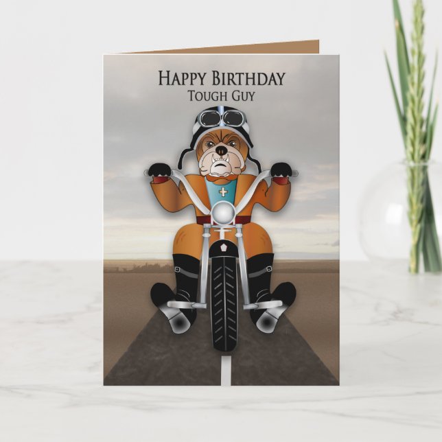 Tarjeta Cumpleaños Tough Guy Bulldog Motocicleta (Anverso)