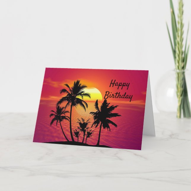 Tarjeta Cumpleaños tropical de la puesta del sol (Anverso)