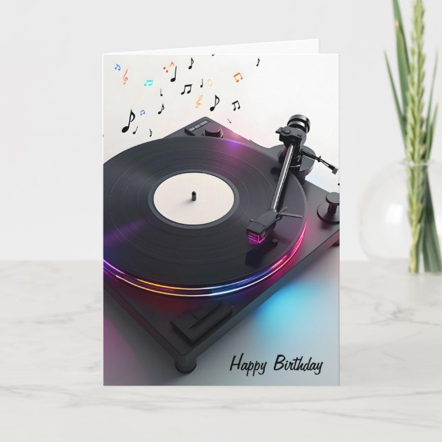 Tarjeta Cumpleaños Turntable Con Neon Music Notes (Anverso)