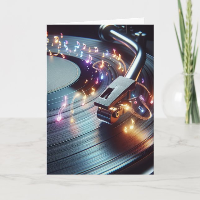Tarjeta Cumpleaños Turntable Con Neon Music Notes (Anverso)