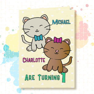 Tarjeta Cumpleaños Twins Gatito De Dibujos Animados Adorab