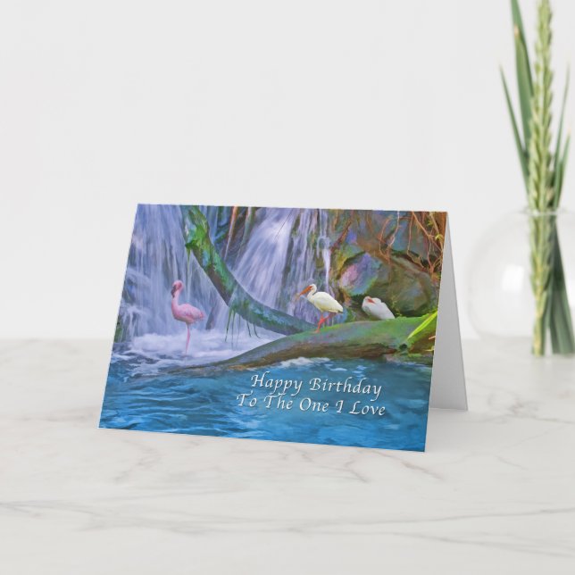 Tarjeta Cumpleaños, Uno Que Amo, Cascada Tropical, Aves (Anverso)