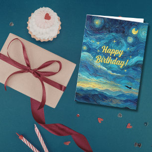 Tarjeta Cumpleaños Van Gogh Avión de Reacción Nubes Azules