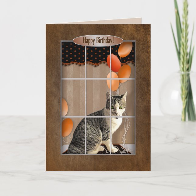 Tarjeta Cumpleaños - Ventana de aspecto del gato - Globos (Anverso)