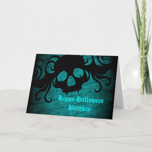 Tarjeta cumpleaños verde azulado de Halloween (Anverso)