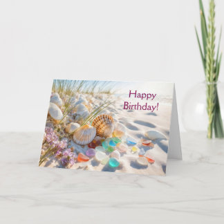 Tarjeta Cumpleaños Vidrio de Mar y Conchas junto al Océano