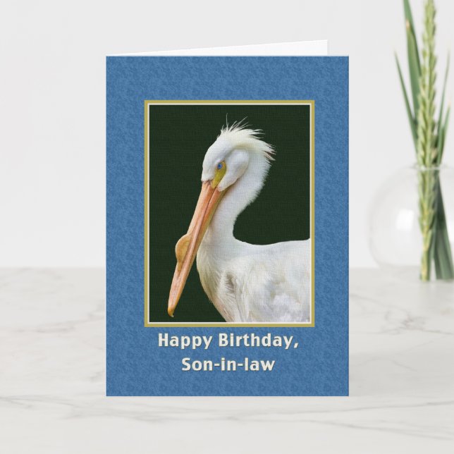 Tarjeta Cumpleaños, yerno, pájaro pelicano blanco (Anverso)