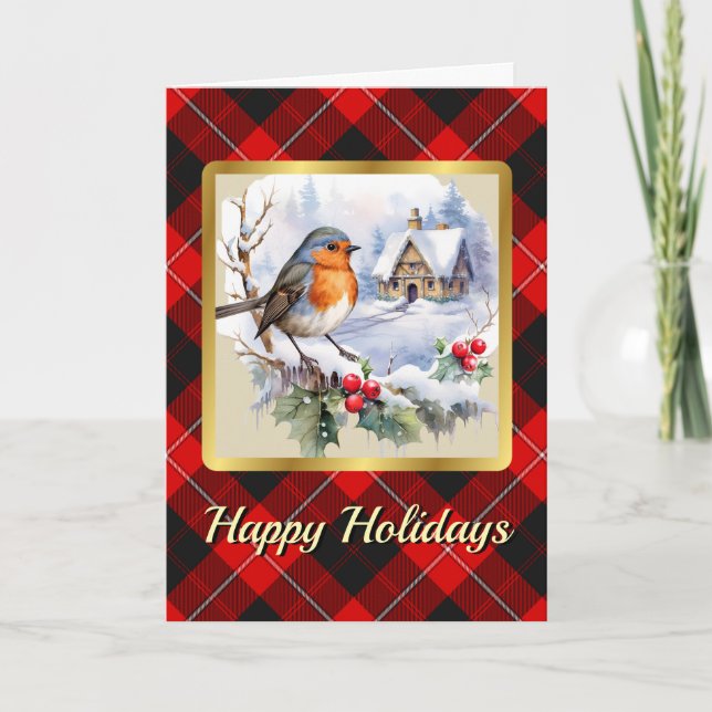 Tarjeta Cunningham Tartan con Robin Personalizado Navidad (Anverso)