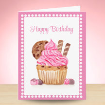 Cupcake de Acuarela Rosa con Cumpleaños de Chocola