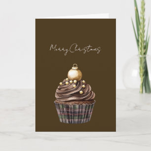 Tarjeta Cupcake de chocolate con adorno dorado de cuadros 