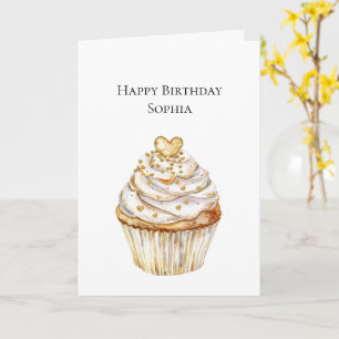 Tarjeta Cupcake de cumpleaños con corazones de oro