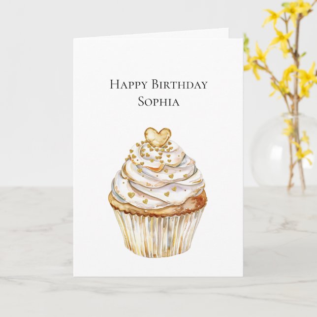 Tarjeta Cupcake de cumpleaños con corazones de oro (flor amarilla)