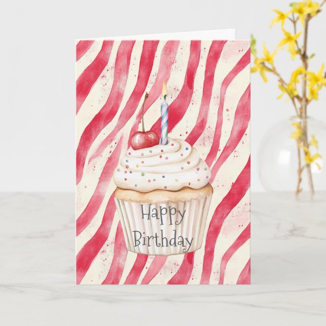 Tarjeta Cupcake de Cumpleaños con Rayas Rojas y Confeti Ce (flor amarilla)
