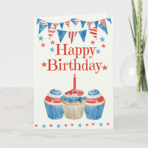 Tarjeta Cupcake de cumpleaños del 4 de julio rojo blanco y
