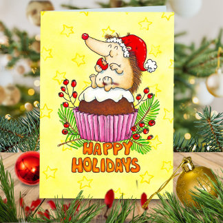 Tarjeta Cupcake de pudín de Navidad con erizo de dibujos a