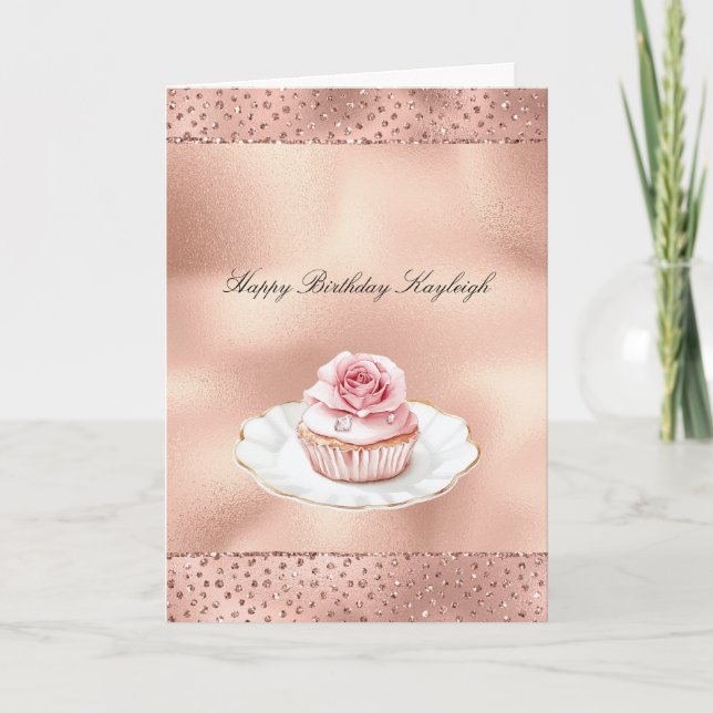Tarjeta Cupcake de Rosa Rosa Cumpleaños Dorado Glam Brilla (Anverso)