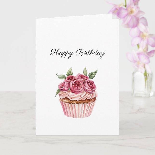 Tarjeta Cupcakes Florales de Rosas Rosadas Cumpleaños (Orquídea)