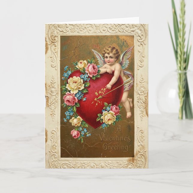 Tarjeta Cupid Heart Roses Vintage Card (Anverso)