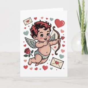 Tarjeta Cúpido bebé lindo de San Valentín con corazones y