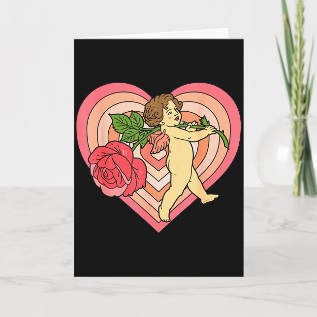Tarjeta Cupido Querubín Ángel Con Corazón De Rosa Roja Amo (Anverso)