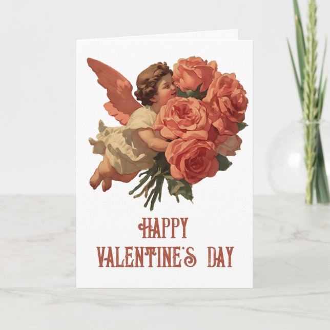Tarjeta Cupido Vintage con Ramo de Rosas (Anverso)