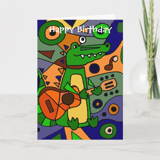 Tarjeta Curioso Alligador Tocando Guitarra Original Arte M (Anverso)