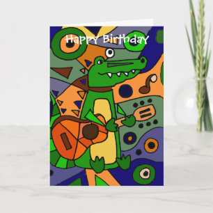 Tarjeta Curioso Alligador Tocando Guitarra Original Arte M