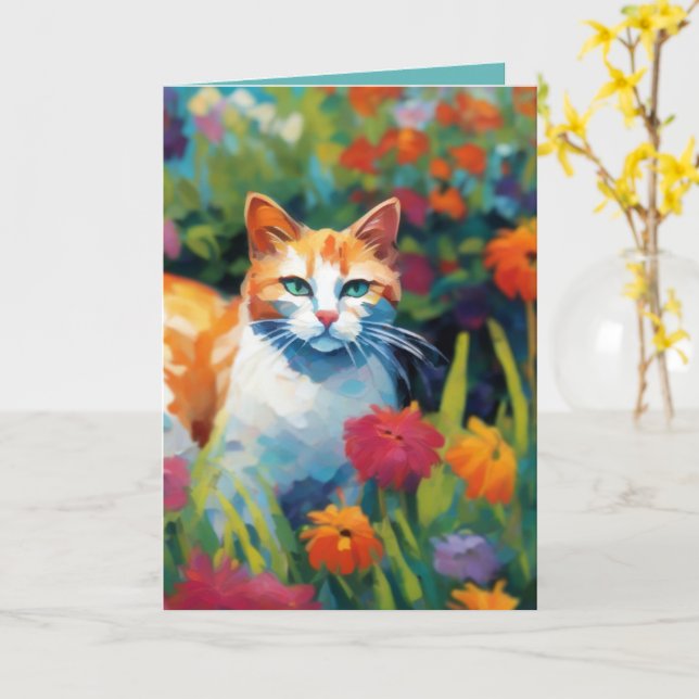 Tarjeta Curious Cat In the Garden Greetings Card (flor amarilla)