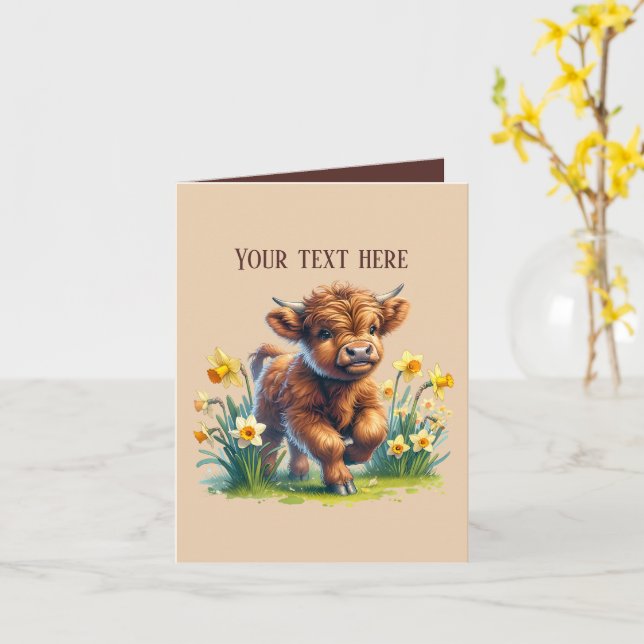 Tarjeta Curte Highland Cow añadir mensaje (flor amarilla)