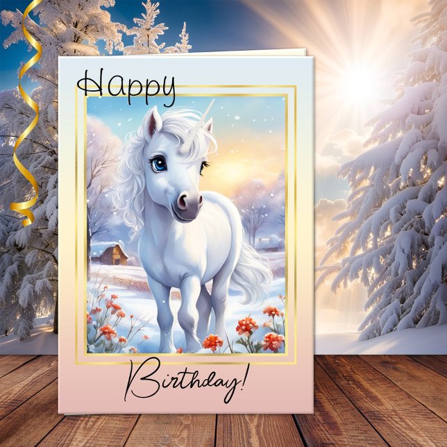 Tarjeta Curte Winter Magical Unicorn Foto Cumpleaños (Fun photo birthday greeting card featuring an image of an adorable unicorn in a winter landscape)