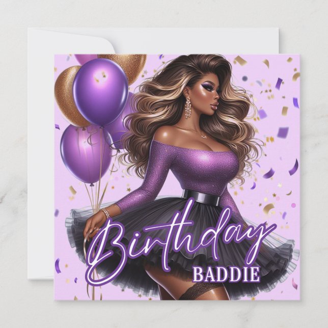 Tarjeta Curvy Glam African American Woman Purple Birday (Anverso)