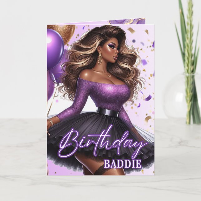 Tarjeta Curvy Glam African American Woman Purple Birday (Anverso)
