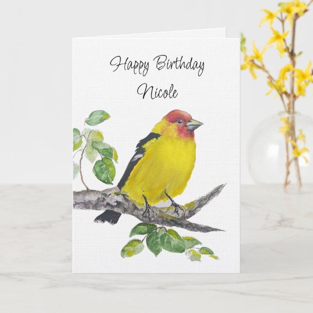 Tarjeta Custom  Birthday Watercolor Western Tanager Bird (flor amarilla)