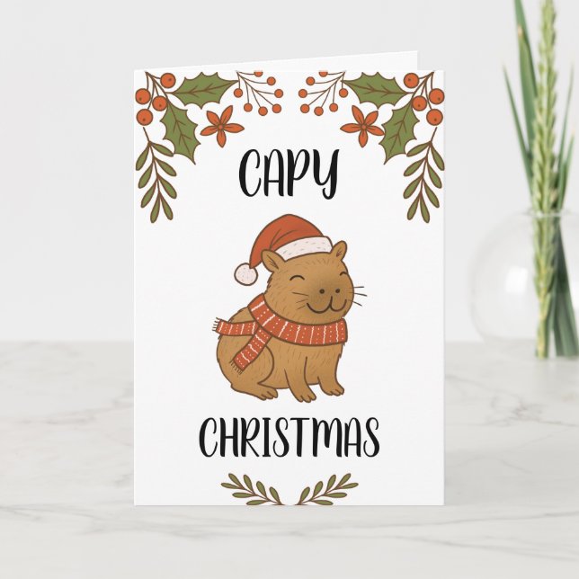 Tarjeta Custom Cute Hand Drawn Capybara Pun Christmas  (Anverso)