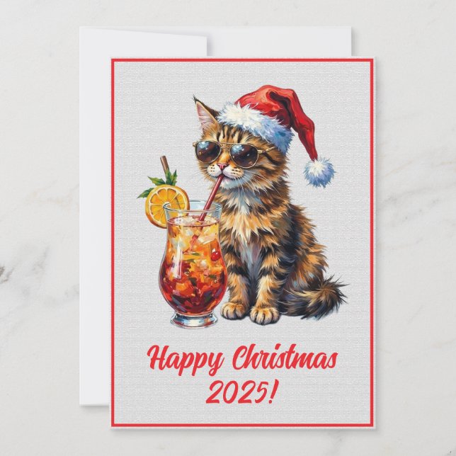 Tarjeta Custom Digital Christmas Cool Cat Cocktail Xmas (Anverso)