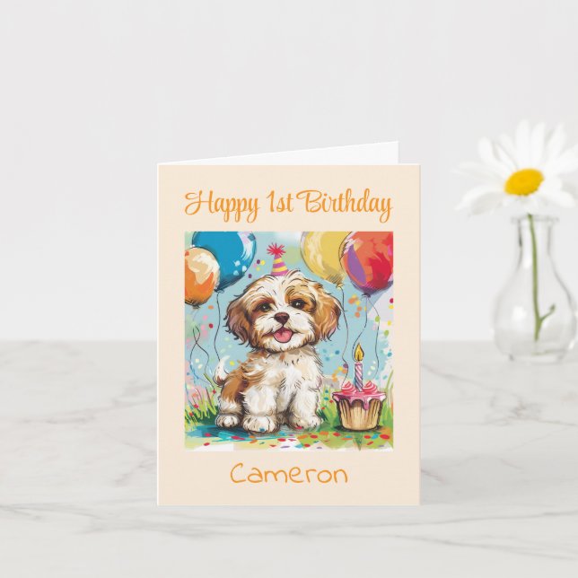 Tarjeta Custom Happy 1st Birthday Congratulations, Puppy  (Planta pequeña)