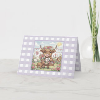 Tarjeta Custom Lavender Highland Cow Gingham Mother's Day