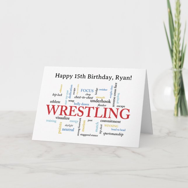 Tarjeta Custom Name Wrestling Birthday Word Cloud (Anverso)