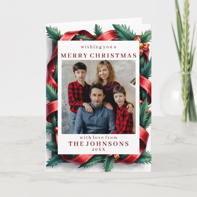 Tarjeta Custom Photo Festive Ribbon Bow Frame Greeting (Anverso)